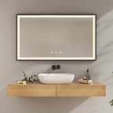 Miroir de salle de bain EMKE LM23, cadre noir, blanc neutre (4300K), horloge, température, antibuée, fonction mémoire, suspension horizontale